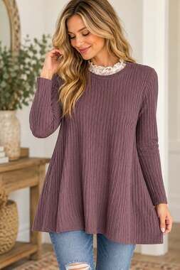 Ann Taylor Mauve Ribbed Knit Lace Collar Tunic Sweater Small